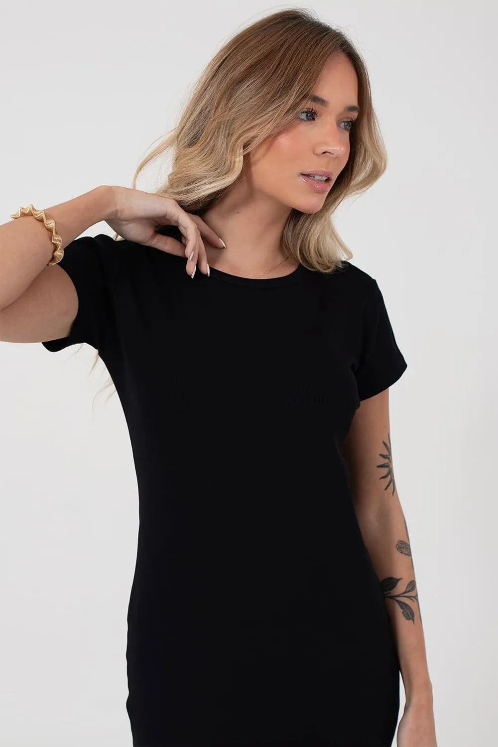 Vestido Com Manga Canelado Casual Viscose Feminino